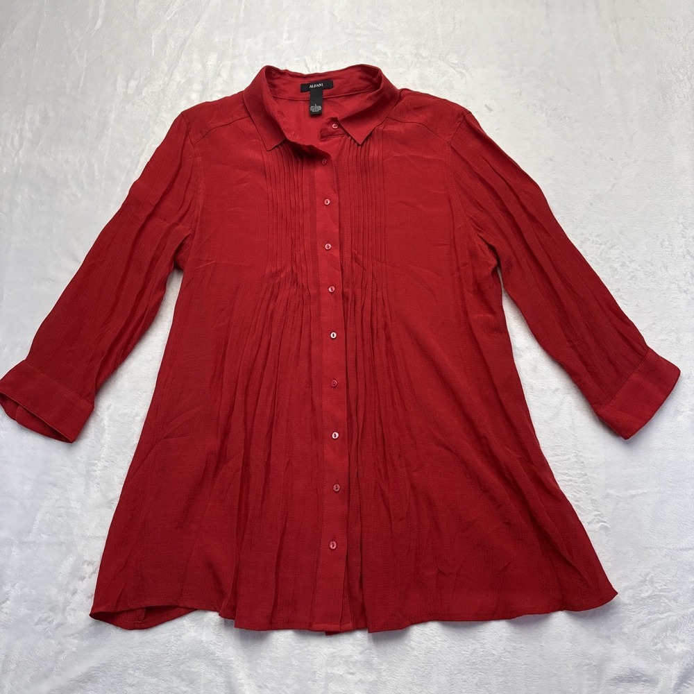 Alfani Blouse Women's Size Large Red Sheer 3/4-Sleeve Pleated Button-Down